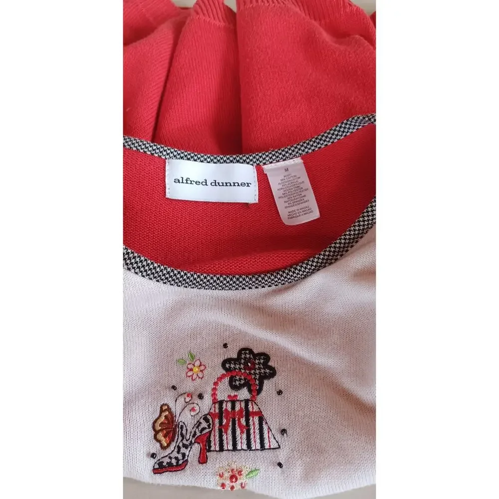 VTG Alfred Dunner Red Cardigan Medium Embroidered Shoe & Handbag Knit Cottage